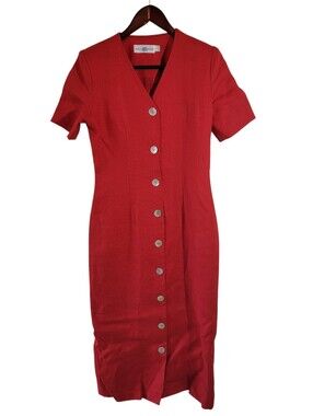 VTG Rebecca Thomas Red 100% Linen Midi Dress Sz 4 Button-Up Minimalist USA
